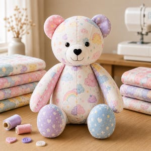 Può includere: Un orsacchiotto di peluche in tessuto con un motivo pastello di nuvole, arcobaleni, stelle e cuori. L'orso ha occhi a bottone neri, un naso nero a forma di cuore e dettagli della bocca cuciti. Le orecchie e i piedi sono accentuati in azzurro, rosa e viola.