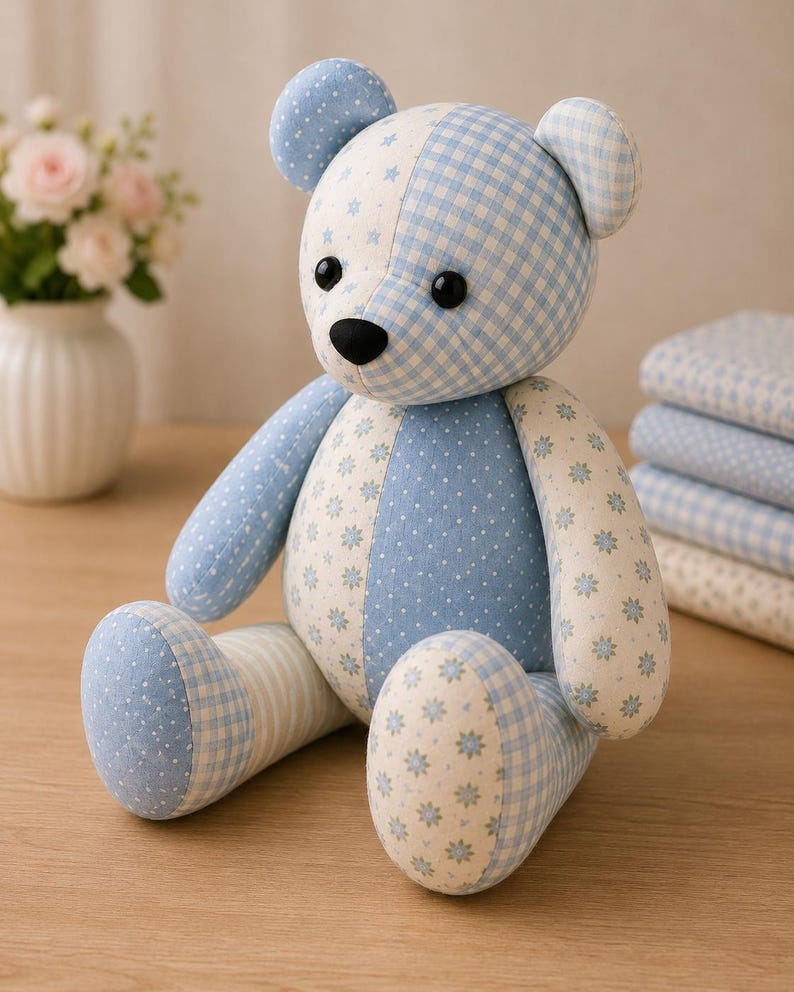 May include: A stuffed teddy bear constructed from various light blue and white fabric patches. The bear features a mix of patterns including gingham checks, small stars, and floral prints. It has two round black eyes and a black nose.