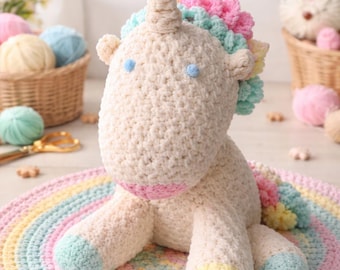 Wzór na szydełkowany jednorożec amigurumi z niskim ściegiem | Samouczek na pluszową zabawkę dla początkujących (pobierz plik PDF)