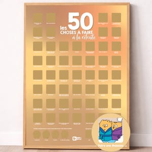 Peut inclure: Un poster encadré avec un fond dégradé or et orange. Le poster présente 50 cases à gratter et le texte "50 choses à faire à la retraite" en blanc. Une petite illustration montre deux personnes en peignoirs.