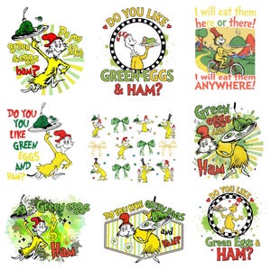 Op de afbeelding: Een verzameling kleurrijke illustraties met personages en tekst uit het kinderboek "Green Eggs and Ham". De afbeeldingen bevatten de zin "Hou je van groene eieren en ham?" en andere citaten uit het boek.
