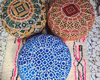 Moroccan Fabric Pouf Handmade in Morocco | Boho Floor Cushion Ottoman | Traditional Berber Style Pouf | Moroccan Home Decor