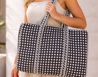 Printed Cotton Zipper Tote Bag – Large Everyday Carryall with Shoulder Straps