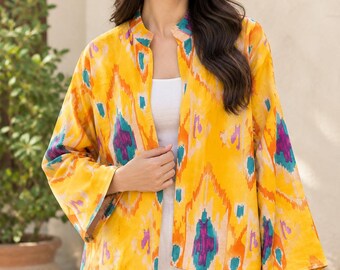 Bedruckte Suzani-Samtjacke, gelber Boho-Ethno-Print, Stehkragen