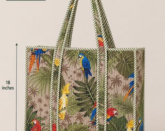 Bolso de mano de algodón con estampado floral de loros – Bolso de hombro con cremallera hecho a mano – Bolso de viaje estilo bohemio