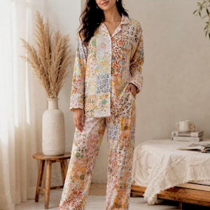 Conjunto de pijama de algodón con estampado a mano, ropa de dormir con patchwork floral, conjunto de descanso para mujer.