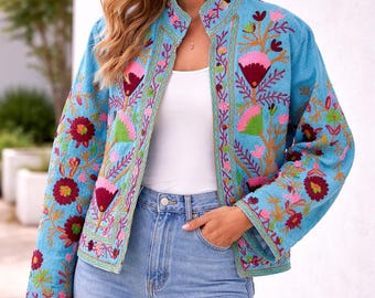 Suzani Embroidered Jacket – Handmade Floral Boho Coat – Turquoise Statement Jacket for Women