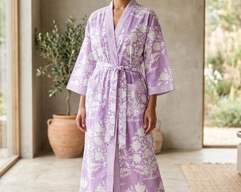 Bata kimono de algodón con estampado floral lavanda, largo hasta la pantorrilla, estilo bohemio para la playa.