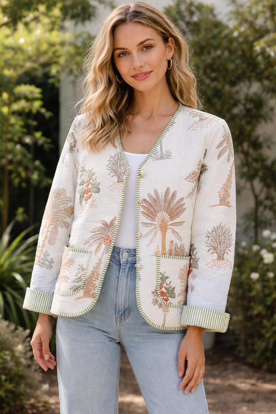 Palm Tree Block Print Quilted Cotton Jacket, Lightweight Boho Coat ...