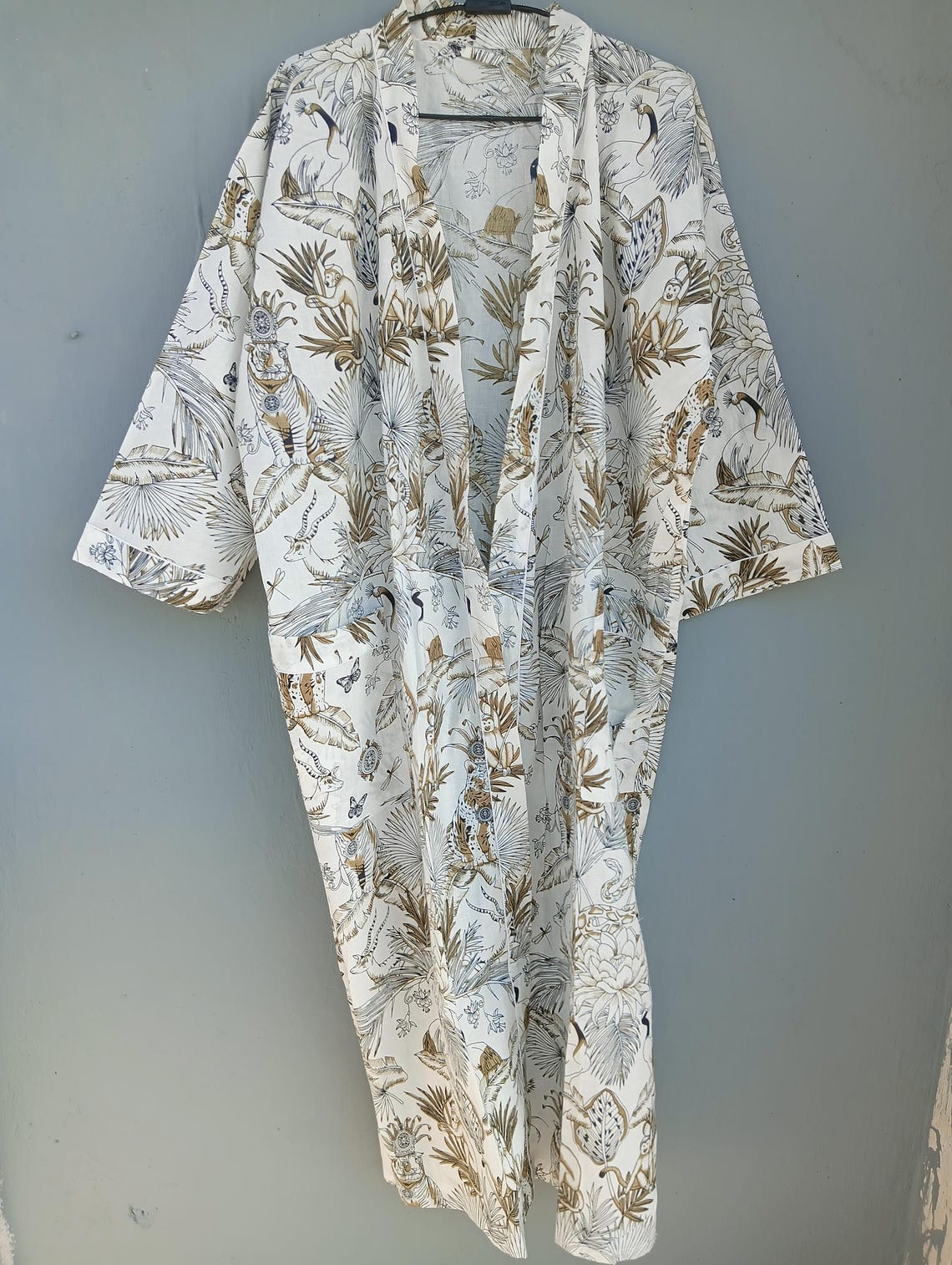 White Botanical Cotton Kimono Robe, Calf Length Tropical Print Wrap ...
