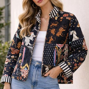 Bohemian Patchwork Quilted Coat | Floral Tiger Crane Prints, Reversible Stripes