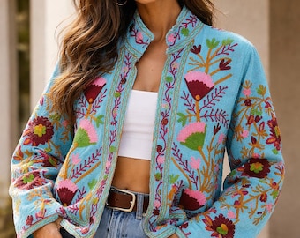 Turquoise Suzani Embroidered Jacket, Boho Floral Textile Art, Uzbek Bohemian Outerwear