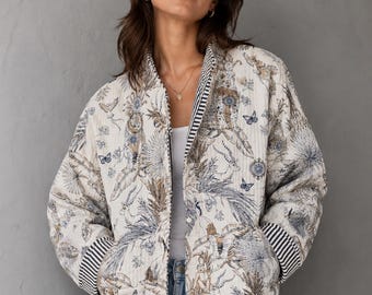 Handgemaakt gewatteerd jack met blokprint, boho-jas met bloemenpatchwork, lichtgewicht etnische bovenkleding