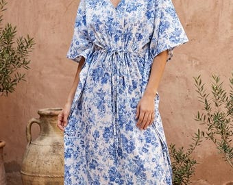 Kaftán floral de algodón para mujer, vestido largo estilo bohemio, vestido maxi talla única, ropa de estar por casa de algodón estampada, regalo ideal para vacaciones.