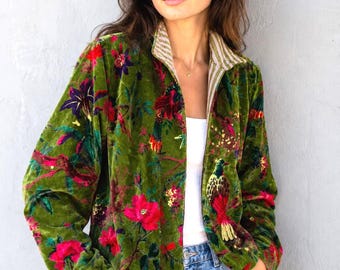 Chaqueta Suzani de terciopelo hecha a mano, estampado floral de pájaros, abrigo llamativo verde