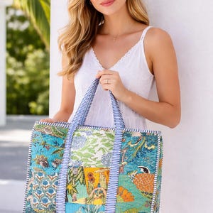 Turquoise Patchwork Quilted Zipper,Handmade Cotton Patchwork Handbag | Large Travel Tote | Boho Shoulder Bag