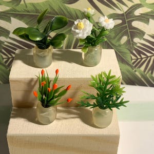 Peut inclure: Quatre plantes artificielles miniatures dans de petits pots translucides blanc cassé. L'une présente des feuilles arrondies vert foncé, une autre des fleurs blanches à cœur jaune, une des tiges fines à pointes orange et la dernière un feuillage vert plumeux.