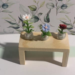 Peut inclure: Petite table en bois avec trois arrangements floraux miniatures. Les fleurs comprennent une marguerite blanche, une fleur bleue et une rose rouge, chacune dans un vase en verre transparent. Le fond est un papier peint floral.