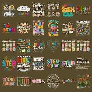 Könnte beinhalten: Eine Sammlung farbenfroher Designs zum Thema MINT (Mathematik, Informatik, Naturwissenschaften, Technik) mit Texten wie "STEM Teacher" und "STEM Squad". Die Designs zeigen verschiedene Grafiken, darunter wissenschaftliche Werkzeuge, Äpfel und Cartoon-Figuren, auf braunem Hintergrund.