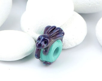 Adorable Glass Bunny - Purple and Green - Uncored Lampwork Glass Rabbit Bead