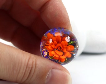 Orange Rose Marble, Everlasting Flower in Sparkly Blue & Orange glass