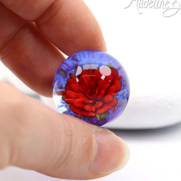 Red Rose Marble, Everlasting Flower in Sparkly Blue & Red glass, Gift for Her