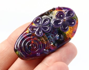 Lampwork Focal Bead, Dark and Mysterious , Flower & Silver Glass Pendant Bead