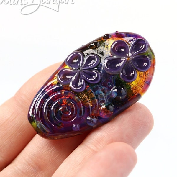 Lampwork Focal Bead, Dark and Mysterious , Flower & Silver Glass Pendant Bead