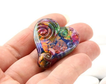 Rainbow Heart Bead - Artisan made glass, Made in Devon UK, Lampwork Pendant, Feature Bead