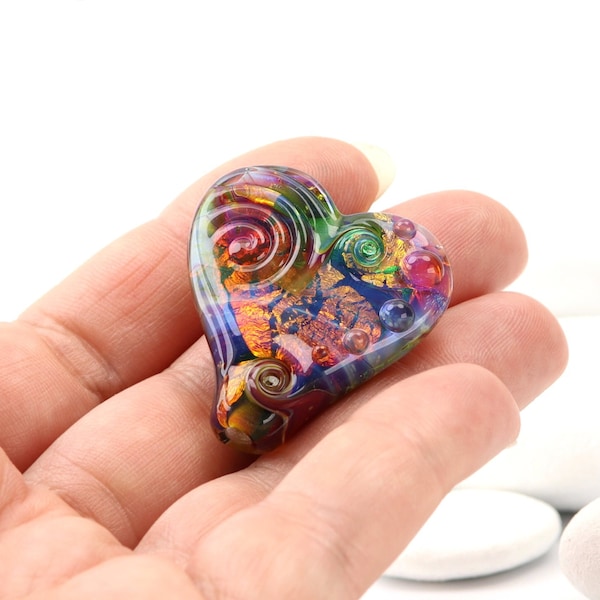 Rainbow Heart Bead - Artisan made glass, Made in Devon UK, Lampwork Pendant, Feature Bead