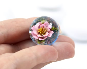 Everlasting Cherry Blossom Marble, Sakura Flower Pink and Turquoise Sparkly glass, Artisan Lampworked Glass