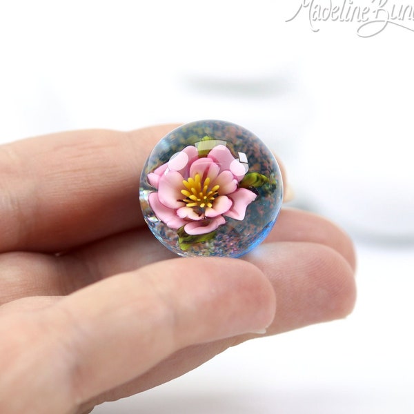 Everlasting Cherry Blossom Marble, Sakura Flower Pink and Turquoise Sparkly glass, Artisan Lampworked Glass