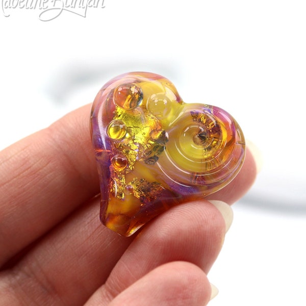 Pink and Gold Heart Bead - Artisan made glass, Made in Devon UK, Lampwork Pendant, Feature Bead