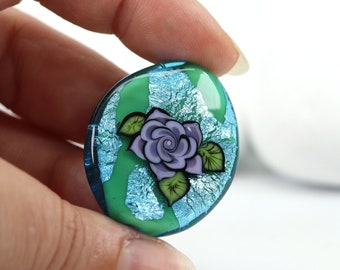 Tattoo Rose Focal Bead - Lilac Aqua & Green, Artisan Lampwork, Handmade in Devon UK