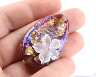 Flower Bead - Lilac and Gold Lampwork glass focal bead - Handmade in Devon UK - Artisan Glass