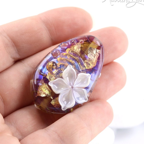 Flower Bead - Lilac and Gold Lampwork glass focal bead - Handmade in Devon UK - Artisan Glass