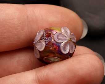 Flower Garden - Purple and gold - Silver Cored Lampwork Glass flower Bead