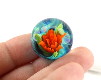 Orange Rose Marble, Everlasting Flower in Swirling Blue, Turquoise & Orange glass