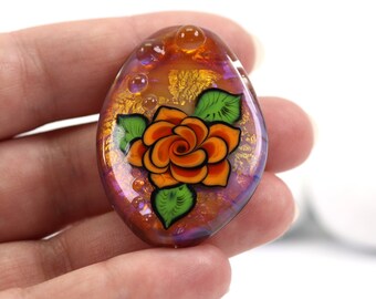 Tattoo Rose Bead - Orange and Pink Lampwork glass focal bead - Handmade in Devon UK - Artisan Glass