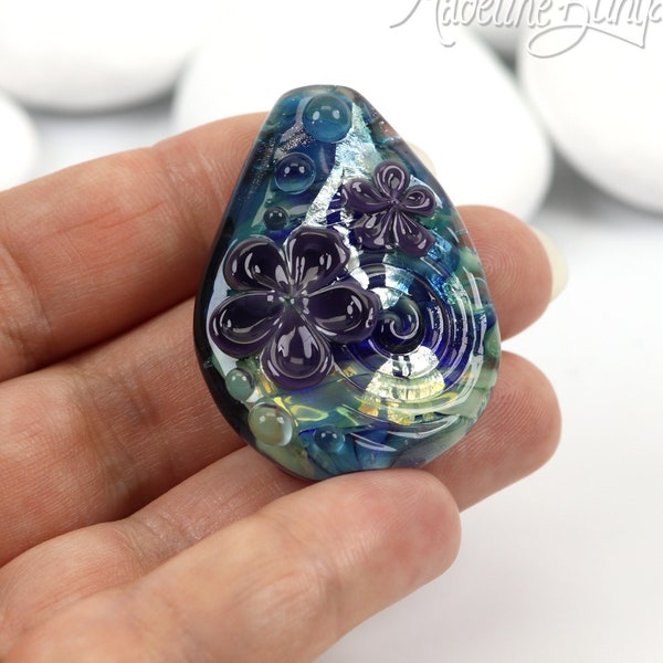 Flower Bead - Purple Blue and Green Lampwork glass focal bead - Handmade in Devon UK - Artisan Glass