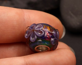 Rainbow Garden - Purple, Green and gold - Silver Cored Lampwork Glass flower Bead