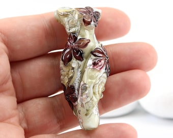 Goddess Bead - Cream and Purple Flowers Lampwork Focal Bead, Pendant Bead, Made in Devon UK, Artisan Made