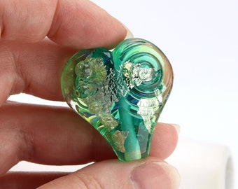 Teal Green and Gold Heart Bead - Artisan made glass, Made in Devon UK, Lampwork Pendant, Feature Bead