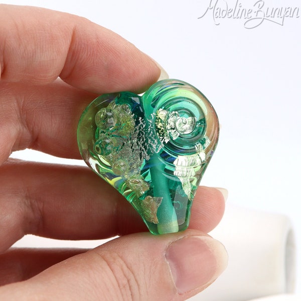 Teal Green and Gold Heart Bead - Artisan made glass, Made in Devon UK, Lampwork Pendant, Feature Bead