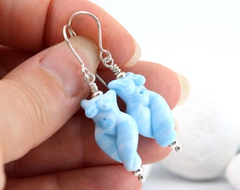 Tiny Blue Glass Goddess Lampwork Earrings, Venus Bead, Sterling silver - Handmade in Devon UK