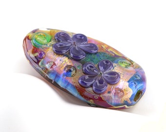 Lampwork Focal Bead, Purple Flower & Silver Glass Pendant Bead