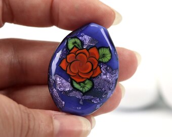 Rose Design Bead - Orange Tattoo Style Rose on Purple - Lampwork Focal Bead - Handmade in Devon UK