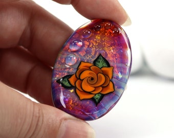 Tattoo Style Rose Bead, Orange on Hot pink with shimmering gold, Lampwork Focal Bead, handmade glass pendant bead