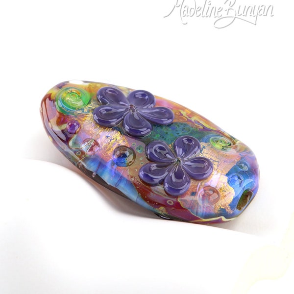 Lampwork Focal Bead, Purple Flower & Silver Glass Pendant Bead