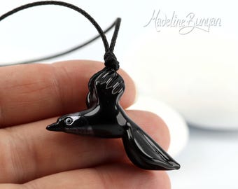 Jackdaw Glass Bird Necklace - Adjustable Long Cord